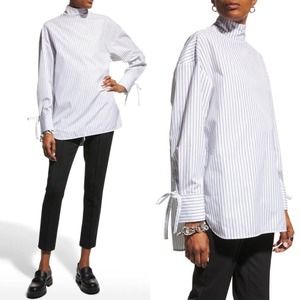 LOULOU STUDIO Enmedio Striped Backwards Mock Neck Poplin Shirt Oversized XS